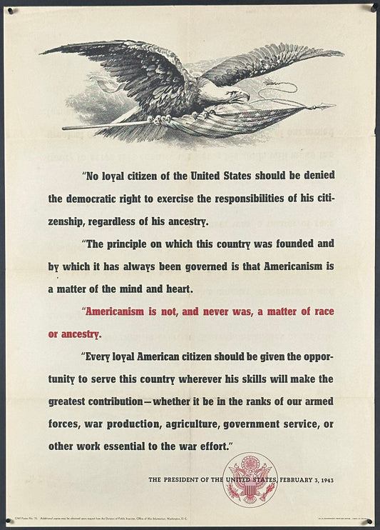 "Americanism Is Not, And Never Was, A Matter Of Race Or Ancestry" WWII Home Front Poster, OWI #75 (1943) - posterpalace.com