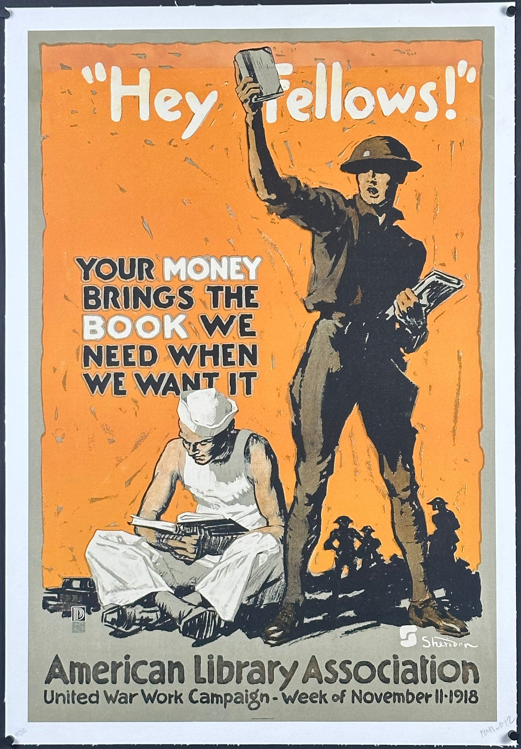 "Hey Fellows" WWI Library Campaign Poster by John E. Sheridan (1918) - posterpalace.com