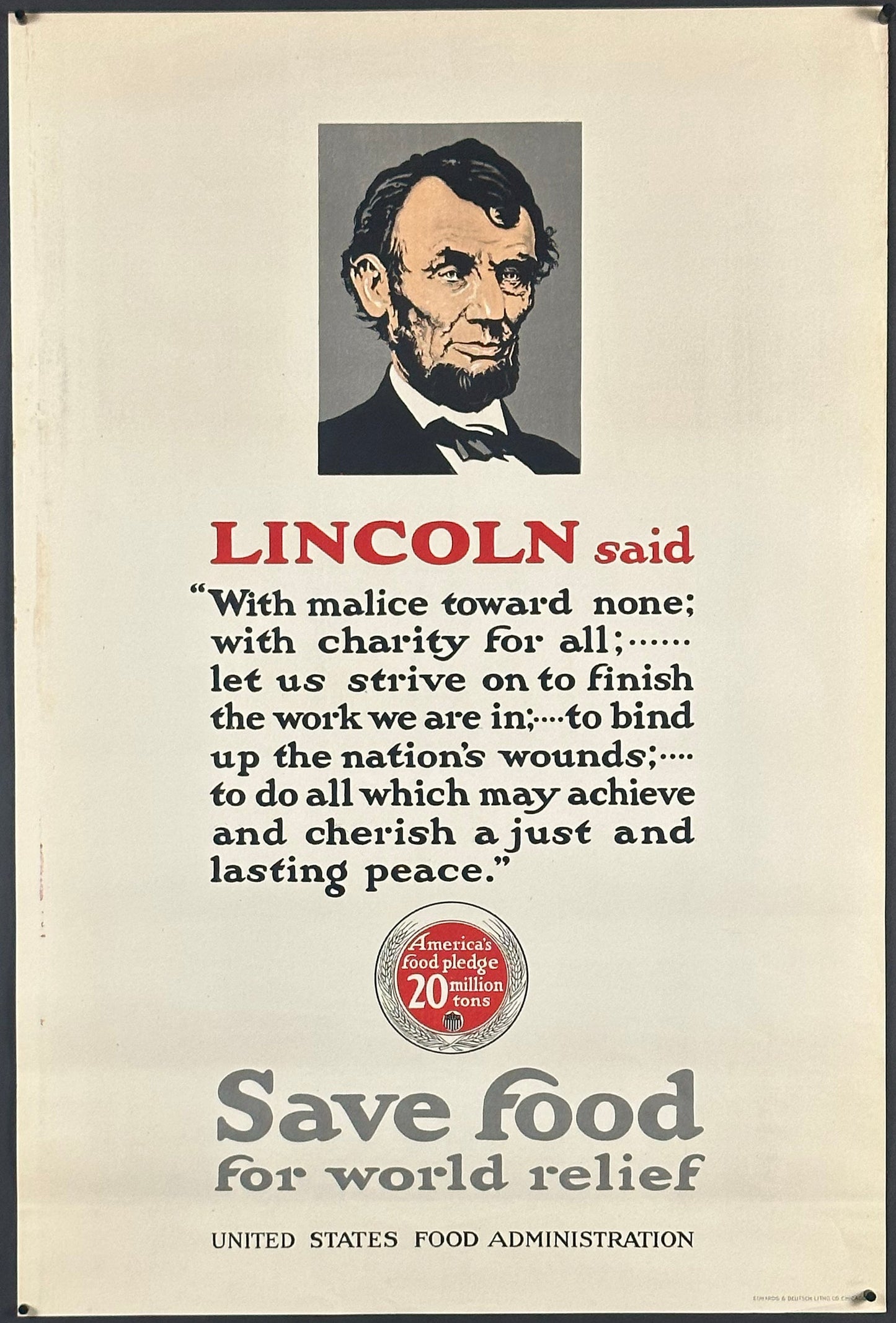 "Lincoln Said With Malice Towards None" WWI Home Front Poster (c. late 1910s) - posterpalace.com