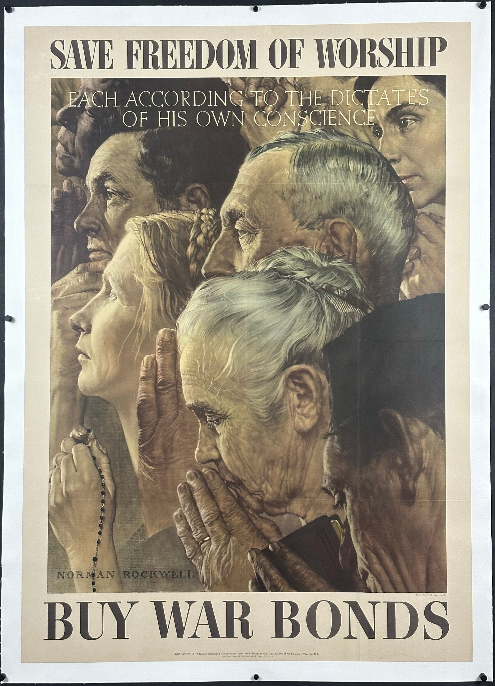 "Save Freedom Of Worship" WWII OWI #43 Home Front Poster (Medium Format) by Norman Rockwell (1943) - posterpalace.com